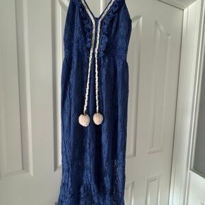 Elegant Blue Lace Dress with Tassels
